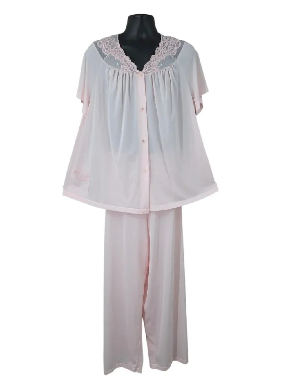 Shadowline Vintage Pink Lace Trim Women's Pajama Set with Matching Robe Nylon